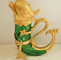 Claret Gold Dore and Green Glass Dolphin Decanter